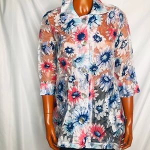 Mirror Image 3/4 sleeve Sheer blouse topper with colorful hawaian flowers,NWT